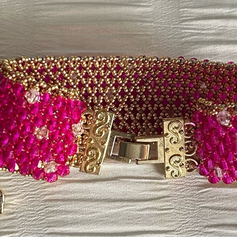 Gold and Pink Statement Cuff Bracelet with Intricate Beadwork